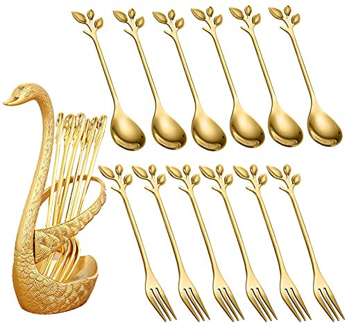Gold Mini - Juego de 13 cucharas de cisne con cucharas y tenedores para café, té y mesa de postre