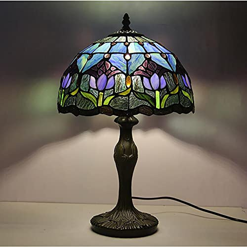 BOTOWI Tiffany Style Table Lamp Stained Glass Lamp Shade Purple Tulip Flower Reading Desk Light 12 Inches for Bedroom Study Living Room Office