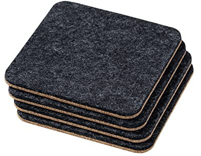 Oakywood Dessous de Verre en Feutre, 4 pièces, carré 9,5 x 9,5 x 0,3 cm, en Feutre de Laine mérinos et liège, pour Verres à Boissons Chaudes et Froides