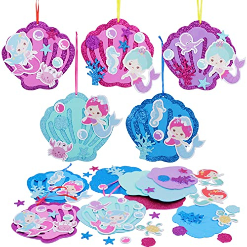 LAMEK 8Pcs Bricolage Sirène Coquille Enfant, Artisanat Mer avec Autocollant en Mousse, Décoration Suspendue Loisir Créatif Activité Manuelle pour DIY Craft Fête Cadeau Anniversaire Salle Classe