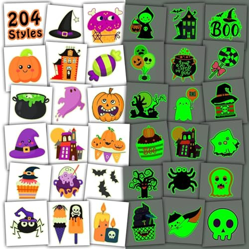 Leesgel Halloween Tattoos für Kinder, 204 Stück Leuchtende Temporäre Kindertattoos als Halloween Deko, für Party Mitgebsel, Accessoires für Kindergeburtstag, Kostüme und Kleine Geschenke