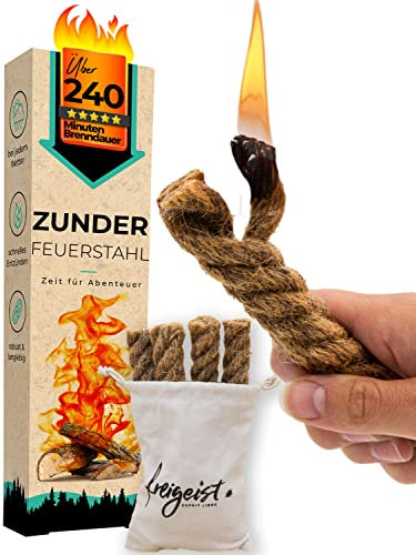 freigeist® Zunder für Feuerstahl | Anzünder Survival | Outdoor Feueranzünder aus wachsgetränkter Jute (Fat Rope) | Dauer Streichholz | Feueranzünder Survival | Feuerstein Anzünder | Outdoor