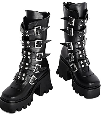 JIFAENY Damen Winter Schwarz Gothic Punk Plattform Stiefel Damen Goth Schnalle Zipper Creeper Keile Mid-Calf Schuhe-5.5,Schwarz