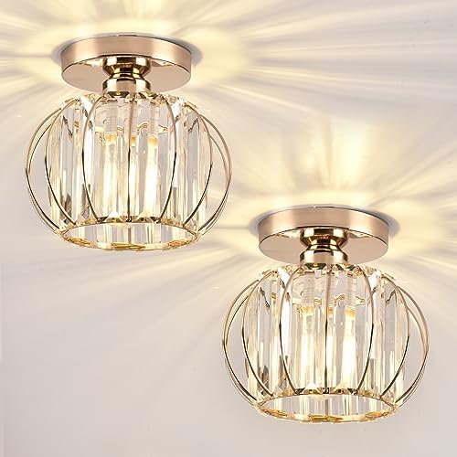 ZYDTRIP Crystals Ceiling Light Fixtures Chandelier, Small Semi Flush Mount Ceiling Light Fitting for Hallway Entrance Kitchen Bedroom Dining Rooms Living Rooms Bar (2 Pack Gold)