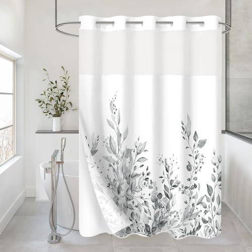 Gibelle Extra langer Duschvorhang ohne Haken, mit Stoffeinsatz, 182,9 x 218,4 cm, Hotel-Stil, doppellagig, graue Eukalyptusblätter, Duschvorhang mit durchsichtigem Fenster oben