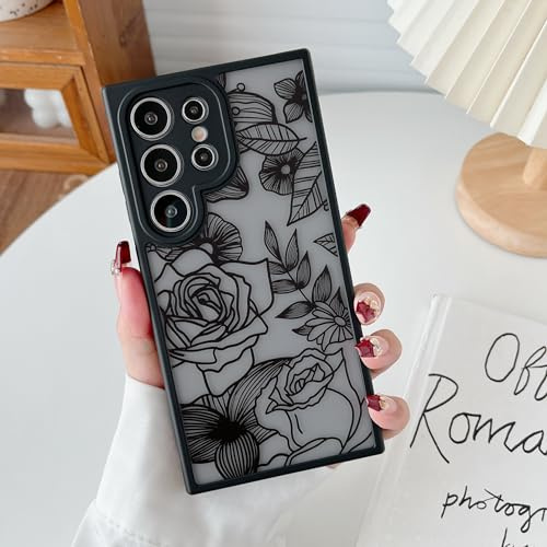 XIZYO Niedlich Rose Blume Hülle für Samsung Galaxy S24 Ultra, Schwarz | Ästhetisch Rose Floral Muster, Luxus Vintage Mädchen Stil, Schlanke Dünne, Matt Transluzent Gestaltung, Stoßfest Anti-Gelb