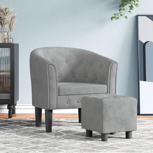 Festnight Cocktailsessel Clubsessel Sessel mit Hocker Loungesessel Armsessel Samt Lesesessel Klein Relaxsessel Bürosessel Retro Einzelsessel Armchair mit Fußhocker Hellgrau