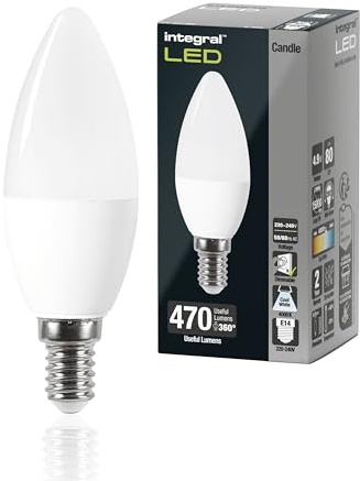 Integral LED E14 Blanc froid 4000K, 470LM, 4.9W (équivalent 40W) Ampoule bougie dépolie à gradation - Paquet de 4 - Efficace en énergie, Pour les lampes du salon, salle à manger et chambre à coucher