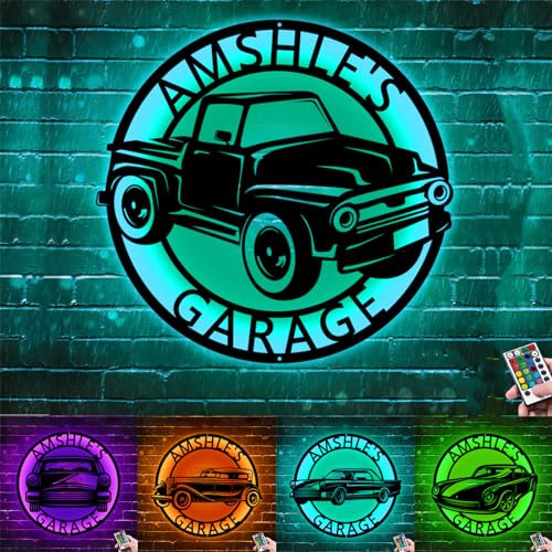 Personalisiertes Metall-Wandschild mit LED-Lichtern, Auto-Neonschild, Mechaniker, Werkstatt, Wandkunst, Dekoration, Auto-Namensschild, Männerhöhlenschild, Geburtstag, Vatertag, Heimdekoration,