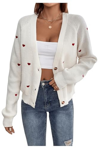 GORGLITTER Damen Cardigan Strickjacke Casual Strickmantel Outwear Pullover Pulli Dünne Jacke Sweater Mantel mit Herz Stickerei Beige S