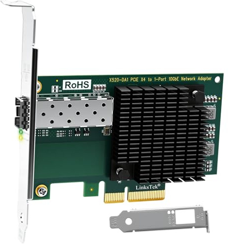LinksTek X520-DA1 10Gb/s SFP+ Fiber Port Ethernet Adapter for NAS & Desktop PCs. PCIE x4 Interface to 10Gb/s SFP+ Fiber Port NIC Card for Gaming, Intel 82599 10Gbps Ethernet Controller (X520-DA1)