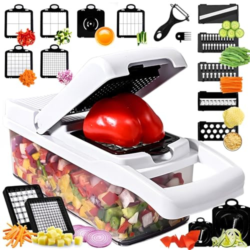 Tritatutto per verdure 25 in 1 con 13 lame - Affettatrice mandolina - Tritatutto con contenitore - Grattugia per formaggio - Taglierina per insalata di verdure e cipolle - Gadget da cucina - Elementi