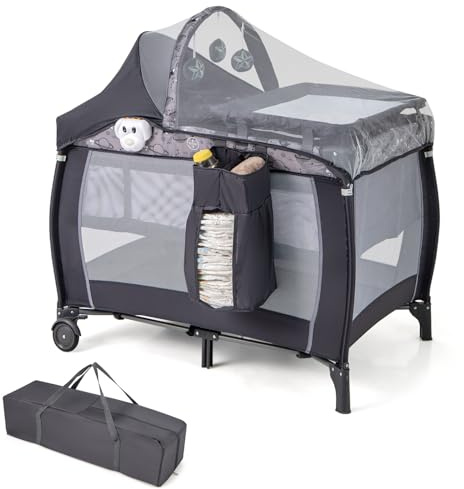 LIFEZEAL Babybett klappbar, Baby-Laufstall auf Rollen mit Wickeltisch, Tragbare Babywiege mit Matratze, Spielzeugen & Spieluhr, Reisebett für Neugeborene & Kleinkinder