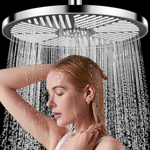 Neulriscn Waterfall Shower Head, Rainfall Shower Head High Pressure, 10 Inch Round Overhead Showerhead, Large Rain Shower Heads, Fixed Showerhead Replacement with Chrome Finish Universal Fitting