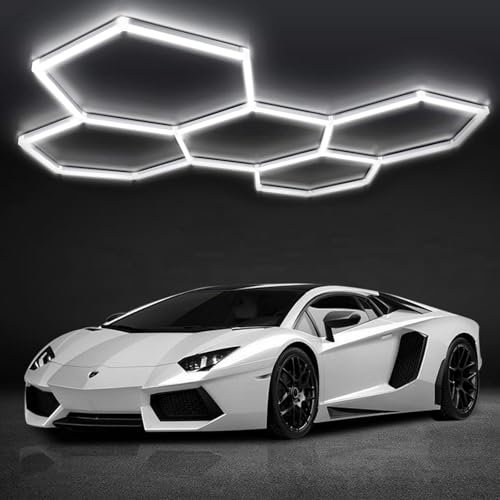 DIKHEE Luminaire de Garage à LED en nid d'abeille 5-Hex, 192W 6500K Plafonnier d'Atelier LED Déformable DIY Déformable Hexagonal pour Atelier, Entrepôt, Sous-Sol, Salle de Sport