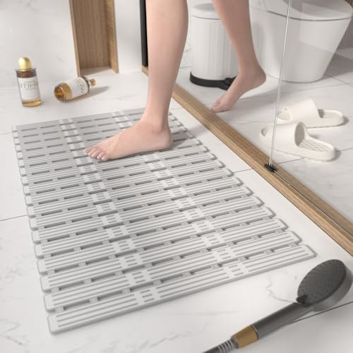 HITSLAM Shower Mat Non Slip Anti Mould, 68x40CM Bath Mat Non Slip for Tub, Quick Drain TPE Bathtub Mat with Suction Cups, Bathroom Accessories, Cut to Size, Light Grey