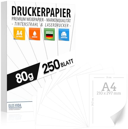 Skrivarpapper, 250 ark, A4, 80 g, rent vitt premiumpapper, 21 x 29,7 cm, kopieringspapper för laser-, bläckstråleskrivare och kopiatorer, för universitet, fotografier, presentationer och hantverk