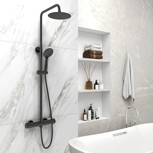 Columna de ducha termostática negra, sistema de baño juego de ducha altura ajustable, antiescaldado, ducha de mano de 3 modos (Redondo Negro)