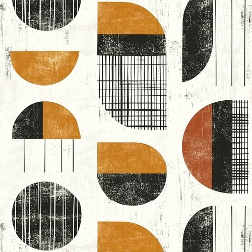 Livelynine Retro Geometric Peel and Stick Wallpaper Black Beige Mustard Yellow Orange Mid Century Modern Wallpaper 17.5x78.8 Geometric Contact Paper Vintage Boho Circles Removable Wall Coverings
