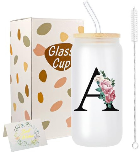 JEKUGOT A-Z Initial Personalised Birthday Gifts for Women, 16oz Iced Coffee Glass Cups with Lids and Straws, Glass Coffee Cup Gift Set for Mothers, Friends, Women, Men, Iced Coffees Cup Gift (A)