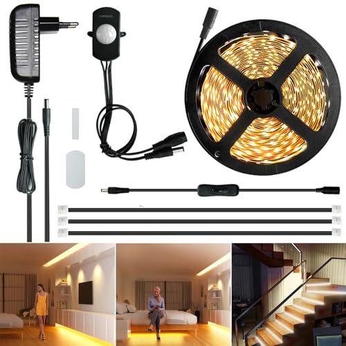 Sensky LED Streifen mit Bewegungsmelder, 6m Dimmbar LED-Band 12V Warmweiß 3000K Selbstklebend mit PIR-Sensor, Treppen & Schrankbeleuchtung für Flur, Schlafzimmer & Nachttisch