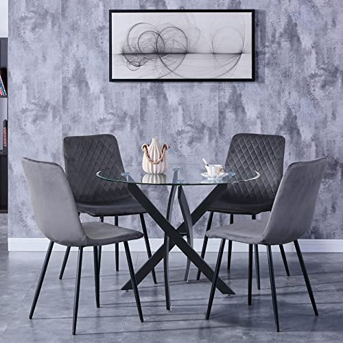 GOLDFAN Table Ronde avec 4 Chaise, Ensemble Table à Manger 80 cm en Verre et 4 Chaises en Velours, Gris