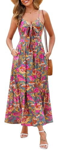 Kranda Spaghetti Strap Long Summer Dresses for Women 2026 Spring Flowy Boho Sundress Sleeveless Beach High Waist Tie Front VNeck Smocked Casual Ruffle Resort Floral Maxi Dress with Pockets GreyGreen M