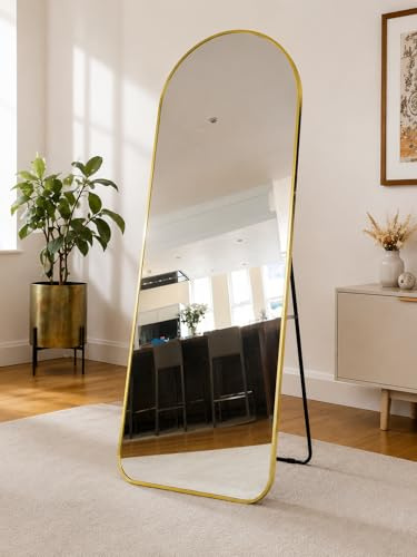 Large Arched Full Length Mirror 165 cm x 60 cm, Aluminium Frame, Wall Mounted or Standing Floor Mirror for Bedroom, Hallway & Living Room - Gold or Black (Gold)