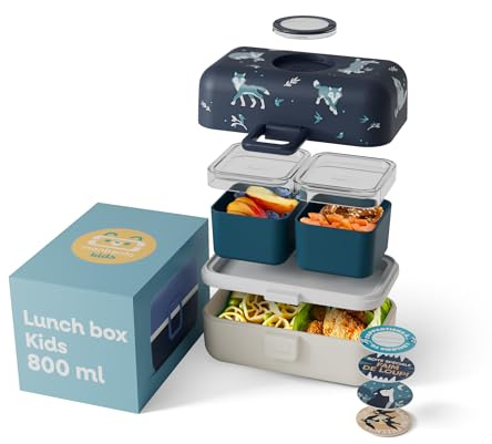 monbento Lunchlåda för barn Tresor blå varg - 3 fack för barn - perfekt för måltid och skola/picknick - mikrovågssäker - BPA-fri - anpassningsbar - varg