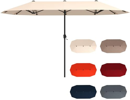 GOPLUS 3,8M Parasol de Jardin Extérieur Double, Grand Parasol Rectangulaire avec Manivelle, 12 Baleines, Protection Solaire, pour Terrasses Balcon Cour Marché (Beige)