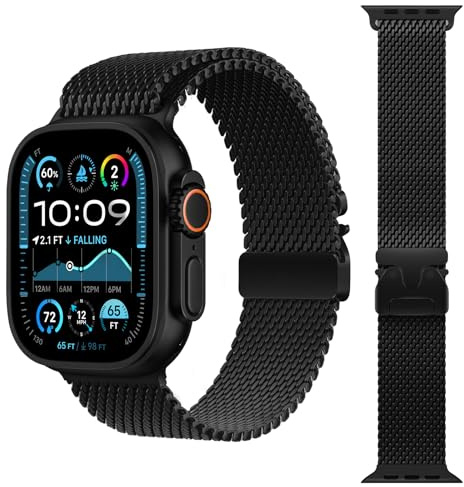 Armband Milanese Loop kompatibelt med Apple Watch Ultra 3/2/1 49 mm 46 mm 45 mm 44 mm för män och kvinnor, justerbara metallremmar för iWatch Series 11 10 SE 9 8 7 6 5 4, fallskärmslås, svart, 49MM