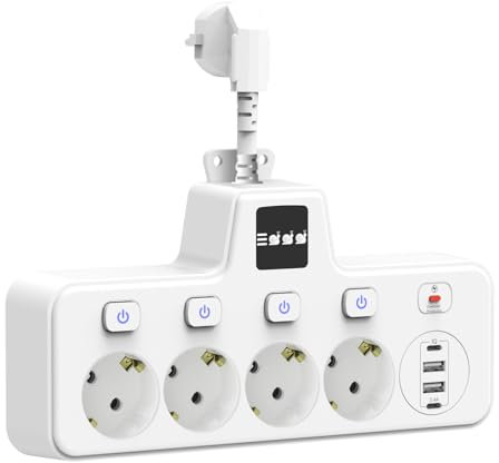 Adattatore con luce notturna touch con 4 scomparti, 2 porte di tipo C + 2 porte USB, interruttore singolo, protezione da sovratensione, nero per casa, ufficio (bianco)