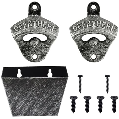 Luwanburg Vintage Wall Mounted Bottle Opener Cast Iron Beer Soda Top Opener with Cap Catcher Collector Screw in Post Table Antique Silver for Bar Man Cave