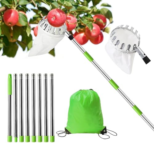 Apfelpflücker mit teleskopstiel,3.2m obstpflücker mit 8 Leichter Edelstahl Teleskoppfahl und 1 Baumwollbeutel,obstpflücker mit teleskopstiel Für Ernteernte Apfel,Zitrus,Birnen Usw