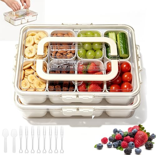 JKOKPMG 2 Snackbox mit 8 Fächern,Snackteller mit Deckel und Griff,Snackbox Organizer für Süßigkeiten Nüsse Obst Gemüse Snacks Kekse und Desserts,Spülmaschinenfest