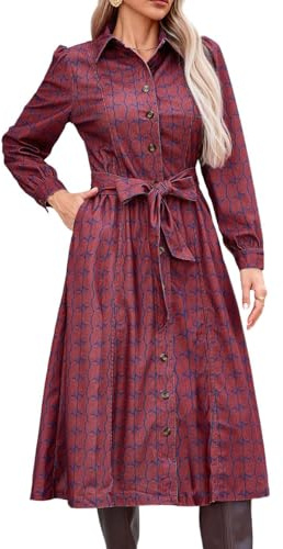 YEXPINE Women's Corduroy Maxi Dress Long Sleeve Cord Button Down Shirt Long Dress with Belt
