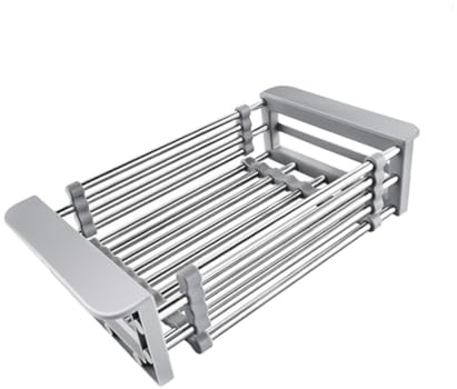 MOTHNUR Escurridor De Platos y Cesta Para Frutas De Acero Inoxidable Silicona Flexible Estante Telescópico Para Fregadero De Cocina Almacenamiento Compacto Gris