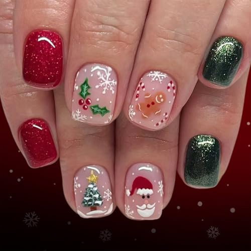 Calkkrer 24 Ongles pressés Courts de Noël, Flocons de Neige Ongles à appliquer, Faux Ongles avec Père Noël, Bonhomme en Pain d'épagne pailleté, Faux Ongles Autocollants