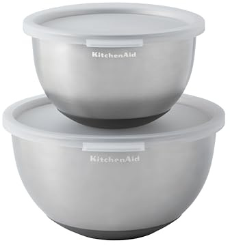 KitchenAid 2-teiliges Rührschüssel-Set mit Deckel, Edelstahl, rutschfester Boden, zum Backen, zur Zubereitung und Aufbewahrung von Lebensmitteln, langlebig, leicht zu reinigen, 17,5 cm und 22 cm