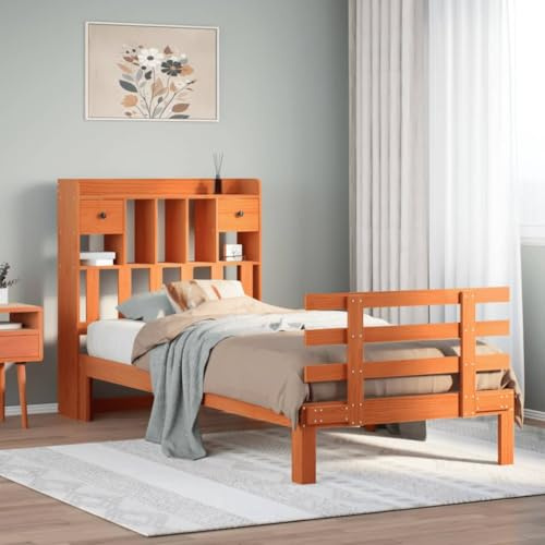 Ordellia Massiv träsäng med hylla, vaxbrun, 75 x 190 cm, furu, plattformssäng för sovrum, robust sängram, möbler