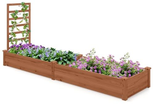 COSTWAY Fioriera da Esterno e Traliccio, Letto Rialzato in Legno per Fiori, Erbe, Verdure, Frutta e Viti Rampicanti, Aiuola Elevata da Giardino con Spalliera, 235CM x 63CM x 102CM (Marrone)