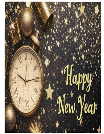 Happy New Year Clock Black Background 500 Piece Puzzle for Adults Fun Puzzles Print Poster 20.4X15 in for Gifts Birthday Family Games Lovers