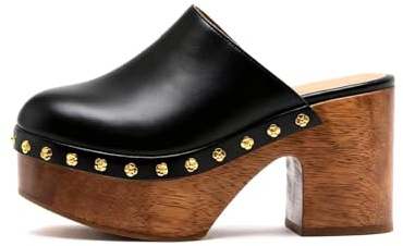 Agodor Women Studded Platform Wooden Clogs–Cork High Chunky Heel Slip‑On Mules,Fashion Black Studded Round Toe Heeled Sandals, Comfortable Summer Slides US9