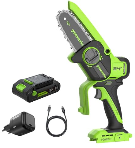 Greenworks 24V Mini Chainsaw Brushless 4in (10cm), Cordless Battery Chainsaw with Auto-Oil System, 7.8m/s Cutting Speed, Electric Saw with 2Ah Battery and 30W USB C Charger