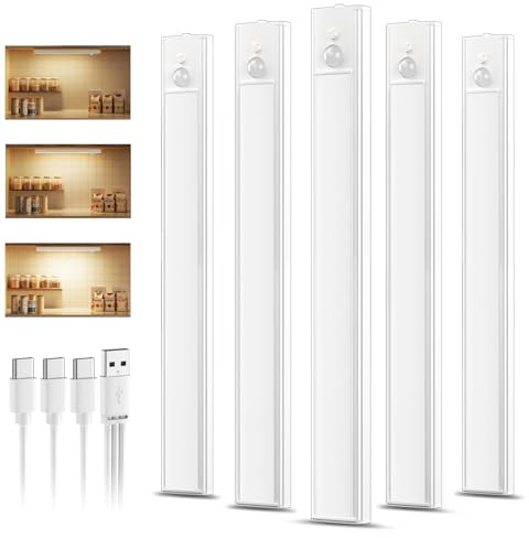 daphomeu Wiederaufladbare LED Unterbauleuchte mit Bewegungsmelder, 30cm Dimmbar Warmweiß, Magnetisch, USB Aufladbar, 5er Pack für Küche, Schrank, Treppe