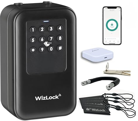 WizElek - Caja de Llaves Conectada Tuya con Mayor Autonomía, Sensor Exclusivo Abierto/Cerrado, Pasarela Bluetooth/Wi-Fi, Código, 5 Tarjetas RFID, Smartphone, 2 Llaves de Emergencia, Aluminio, IP66