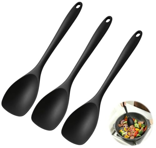 Cucharas de Silicona para Cocina Set de 3, Utensilios Negros 28,5 cm Resistentes al Calor 210°C, Suaves con Sartenes Antiadherentes, Mango Largo Ergonómico, Aptas para Lavavajillas