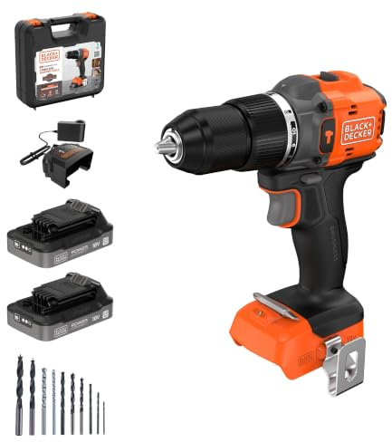 BLACK+DECKER Taladro percutor inalámbrico sin escobillas de 18v con 2 baterías, 10 brocas y maletín de transporte, BLD783D2KA-QW