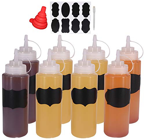 Belinlen 8 Pack 16-Ounce Plastic Squeeze Bottles for Food, Crafts, Art, Multi Purpose Set of 8 with extra 8 Chalk Labels and 1 Pen