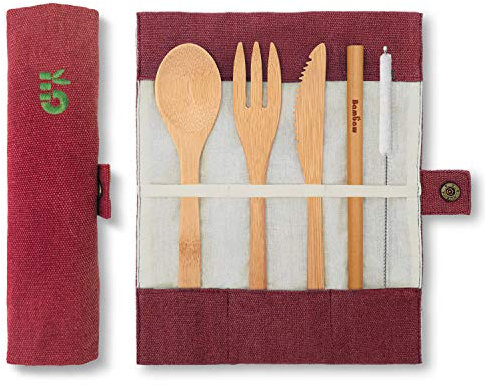 Set posate in bambù | Posate in legno | Kit posate ecologico | Coltello, forchetta, cucchiaio e paglia| Posate da viaggio | Posate da campeggio con custodia portaoggetti |Vino| Bambaw